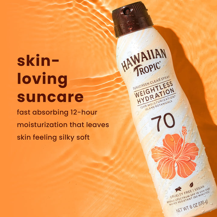 Hawaiian Tropic Weightless Hydration Clear Spray Sunscreen SPF 70, 6oz | Hawaiian Tropic Sunscreen SPF 70, Sunblock, Oxybenzone Free Sunscreen, Spray On Sunscreen, Body Sunscreen Spray, 6oz 6 Ounce (Pack of 1)