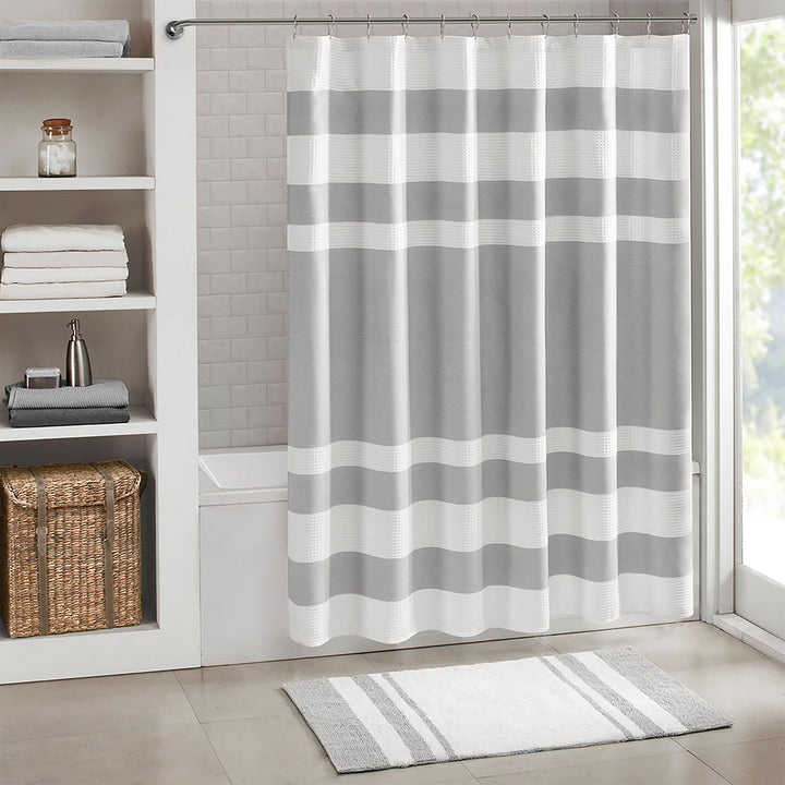 Madison Park Shower Curtain, Waffle Weave, Pieced Design Fabric Shower Curtain with 3M Scotchgard Moisture Management, Premium Spa Quality Modern Shower Curtains for Bathroom, Tall 72"x84" Taupe 72"W x 84"L (Pack of 1)