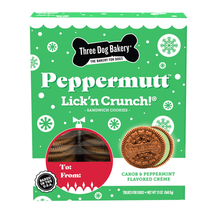 Three Dog Bakery Peppermutt Lick'n Crunch, Carob Cookie w/Green Crème Peppermint Flavored Filling, Premium Treats for Dogs, 13 Ounces Each 13 Ounce (Pack of 1) Carob & Peppermint Crème