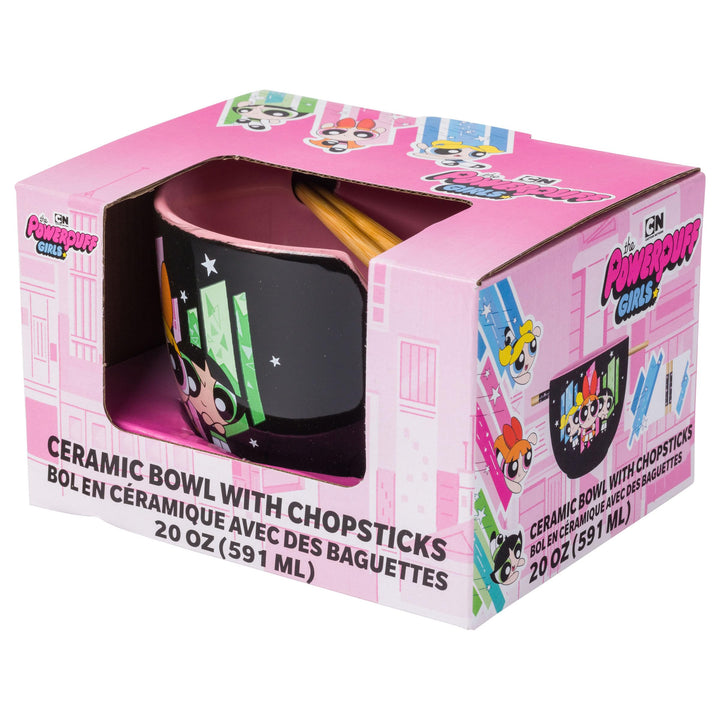 Silver Buffalo The Powerpuff Girls Featuring Blossom, Bubbles, and Buttercup Ceramic Ramen Noodle Rice Bowl with Chopsticks, Microwave Safe, 20 Ounces Multi Boxed Pattern