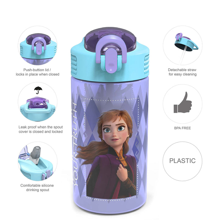 Zak Designs Disney Frozen 2 Kids Water Bottle Set with Reusable Straws and Built in Carrying Loops, Made of Plastic, Leak-Proof Designs 16 oz, BPA-Free, 2pc Set, Elsa & Anna (Frozen 2)