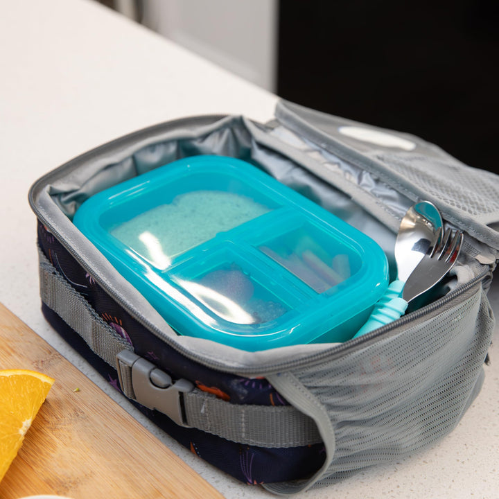 Bumkins Snack/Lunch Bento Box for Kids and Adults, 3 Compartment Container, Leak Proof Lid, for Portioning, Large Section Can Hold Sandwich, Food-Safe LFGB Platinum Silicone, Microwave-Safe, Blue Blue Jelly