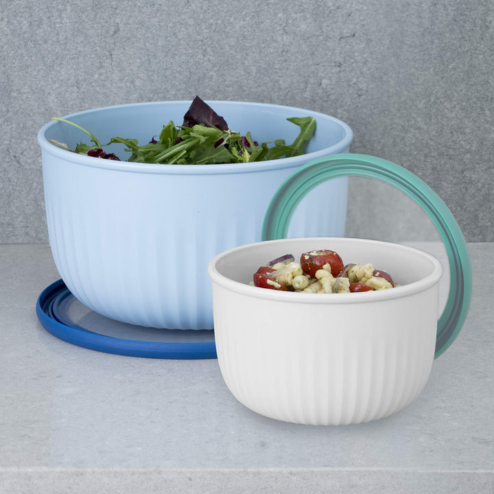 Oggi Prep, Store & Serve Plastic Bowl w/See-Thru Lid- Dishwasher, Microwave & Freezer Safe, (2.6 qt) Blue w/Dk Blue Lid 2.6 Quart Serve Bowl