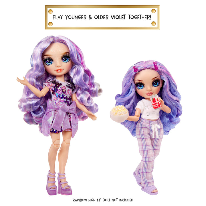 Rainbow High Jr High PJ Party - Violet, Purple 9" Posable Fashion Doll with Soft Onesie, Slippers, Fun Play Accessories, Great Toy Gift for Girls Kids Ages 4-12 Years