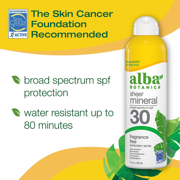 Alba Botanica Sheer Mineral Sunscreen Spray, SPF 30, Fragrance-Free Broad Spectrum, Water Resistant and Biodegradable, 5 fl. Oz. Bottle 6 Ounce (Pack of 1) Fragrance Free Spray