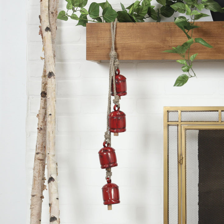 Deco 79 Gold Metal Tibetan Inspired String Hanging Decorative Bells with Jute Hanging Rope 4" x 8" x 52" - Cone 52" x 4" x 8"