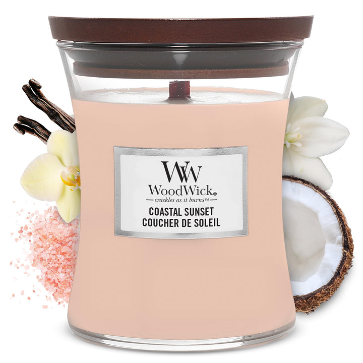 WoodWick Medium Hourglass Candle, Vanilla Sea Salt - Premium Soy Blend Wax, Pluswick Innovation Wood Wick, Made in USA & Medium Hourglass Candle, Coastal Sunset - Premium Soy Blend Wax