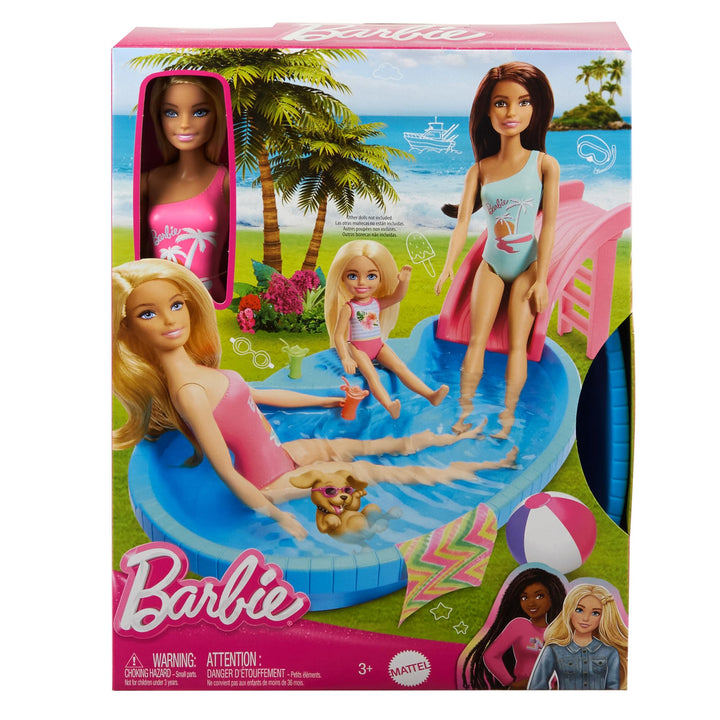 Barbie Doll & Pool Playset, Blonde in Tropical Pink One-Piece Swimsuit with Pool, Slide, Towel & Drink Accessories