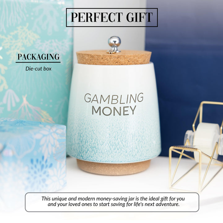 Pavilion - Gambling Money 6.5-inch Unique Ceramic Piggy Bank Savings Bank Money Jar with Cork Base and Cork Lid, Ombre Teal 78617