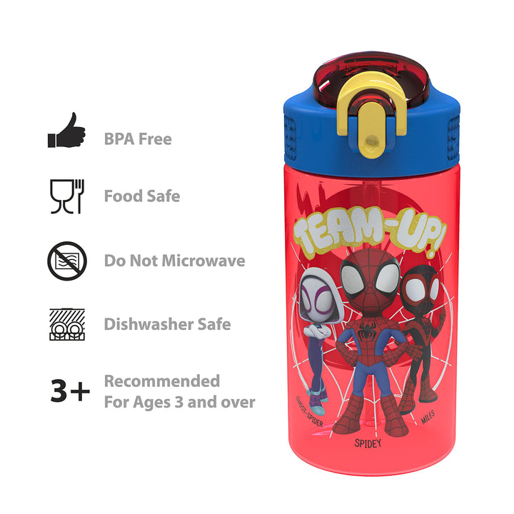 Zak Designs Marvel Spider-Man Kids Water Bottle with Spout Cover and Carrying Loop, Durable Plastic, Leak-Proof Design for Travel (16 oz, 2-Pack, Spidey and His Amazing Friends)