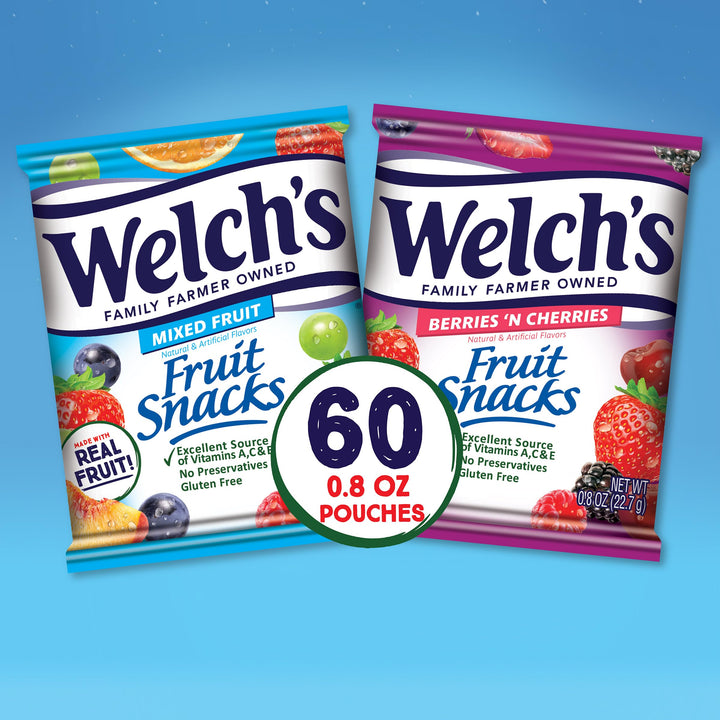 Welch's Fruit Snacks, Mixed Fruit & Berries 'N Cherries Variety Pack, Perfect Halloween Candy Bulk Pack, Gluten Free, 0.8 oz Individual Single Serve Bags (Pack of 60) 0.8 Ounce (Pack of 60)