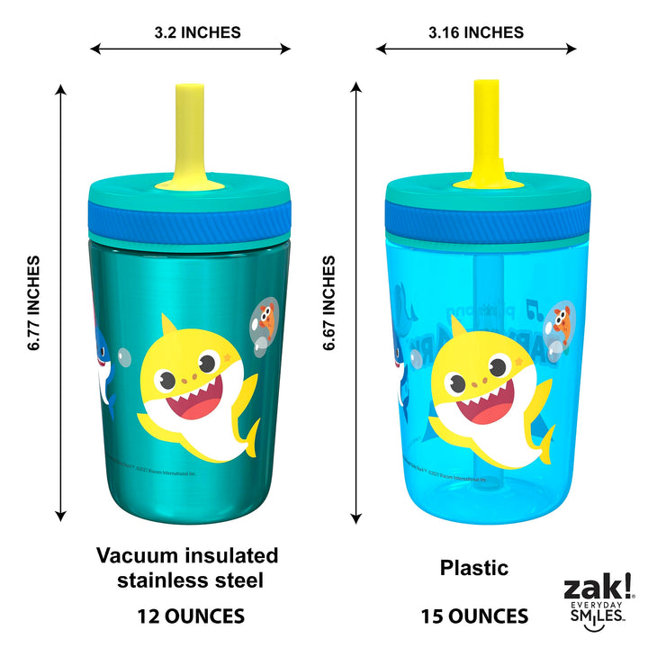 Zak Designs Baby Shark Kelso Tumbler Set, Leak-Proof Screw-On Lid with Straw, Bundle for Kids Includes Plastic and Stainless Steel Cups with Bonus Sipper (3pc Set, Non-BPA)15 fl oz. Classic