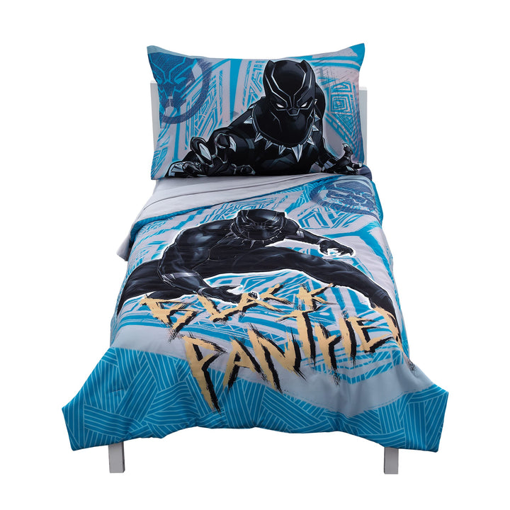 Marvel Black Panther Blue, Black, and Grey Warrior King 4 Piece Toddler Bed Set - Comforter, Fitted Bottom Sheet, Flat Top Sheet and Reversible Pillowcase Marvel Black Panther