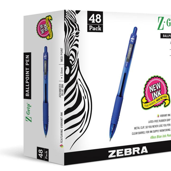 Zebra Pen Z-Grip Retractable Ballpoint Pen, Medium Point, 1.0mm, Blue Ink, 48-Count