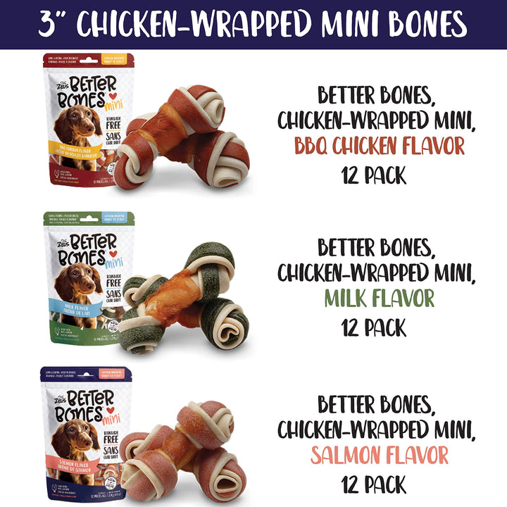 ZEUS Better Bones Dog Treats, Rawhide Free Healthy Chicken Jerky Dog Treats, Chicken Wrapped Mini Bones, 12 Count BBQ Chicken Chicken-Wrapped Mini, 12 Count