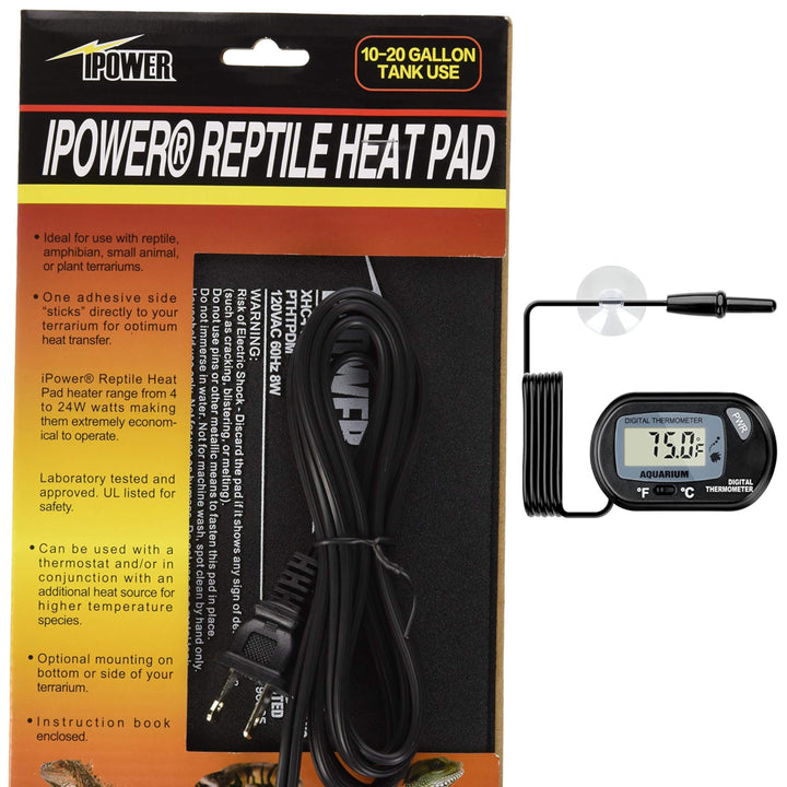 iPower Reptile Heat Pad 4W/8W/16W/24W Under Tank Terrarium Warmer Heating Mat and Digital Thermostat Controller for Turtles Lizards Frogs and Other Small Animals, Multi Sizes 6" x 8" Black/Heat Pad + Thermometer