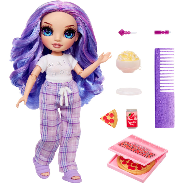 Rainbow High Jr High PJ Party - Violet, Purple 9" Posable Fashion Doll with Soft Onesie, Slippers, Fun Play Accessories, Great Toy Gift for Girls Kids Ages 4-12 Years