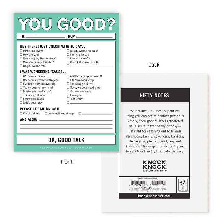 1-Count Knock Knock You Good? Nifty Note Pad, Supportive Check-in Memo Notepad, 4 x 5.25-inches You Good?