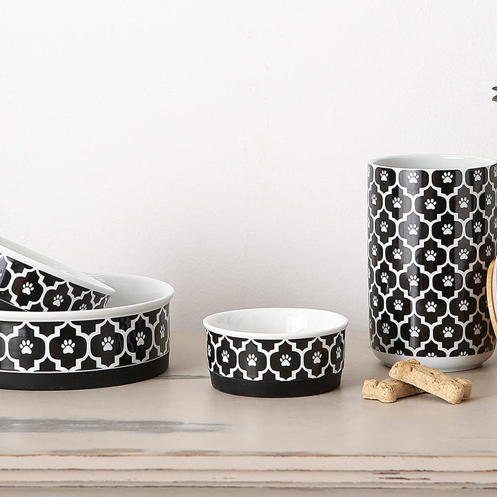 Bone Dry Lattice Collection Pet Bowl & Canister, Small Set, 4.25x2 inches, Black, 2 Piece Small Set, 4.25x2"