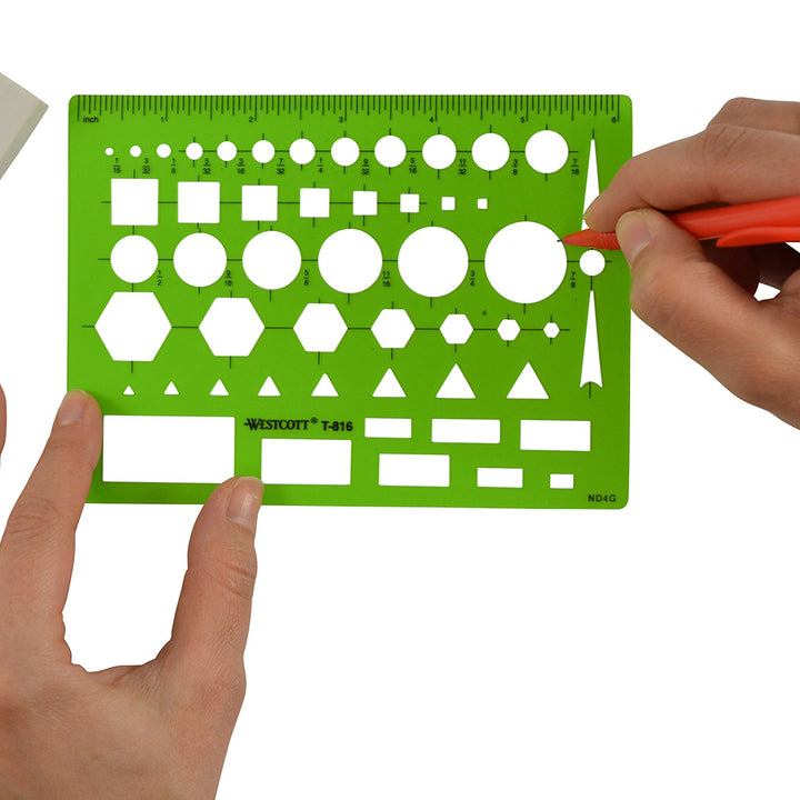 Westcott T-816 All-Purpose Technical Drawing Template, Plastic Shape Template Tool, Green, 4.5 by 6 In