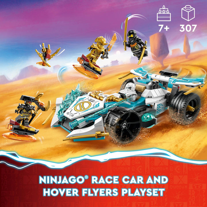 LEGO NINJAGO Zane’s Dragon Power Spinjitzu Race Car 71791 Building Toy Set, Features a Ninja Car, 2 Hover Flyers, Dragon Toy, and 4 Minifigures, Gift for Kids Aged 7+ Blue