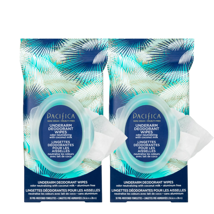 Pacifica Beauty, Coconut Milk & Essential Oils Underarm Deodorant Wipes, 30 Count (Pack of 2), Remove Odor On-The-Go, Aluminum Free, Travel Friendly, Fresh Coconut Scent, 100% Vegan and Cruelty Free