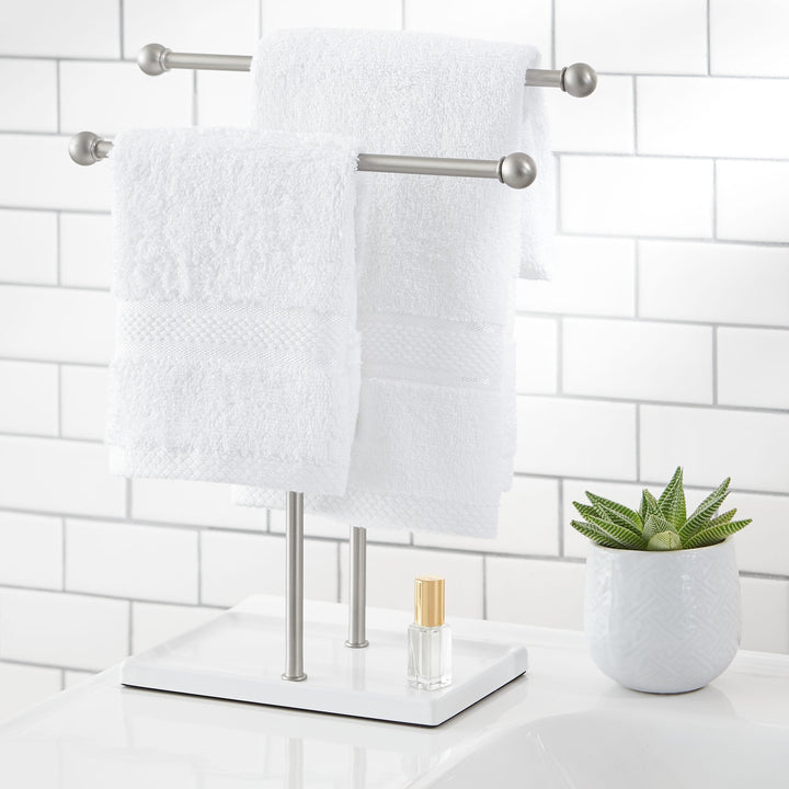Amazon Basics Double-T Hand Towel and Accessories T-Shape Stand, Nickel/White