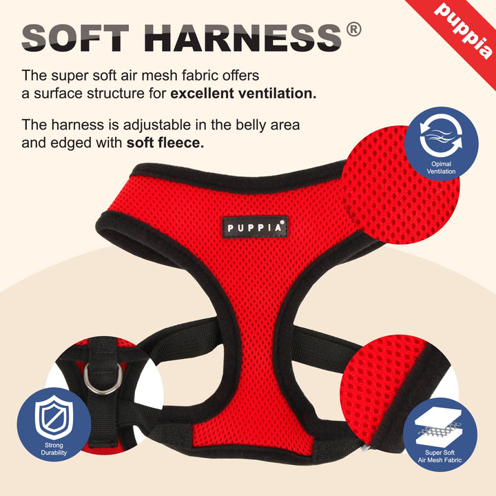 Authentic Puppia Soft Dog Harness, Red - Medium M (Neck: 12", Chest: 16"-22")