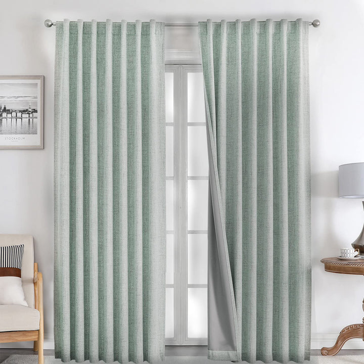 Joydeco 100% Black Out Curtains 63 inch Long 2 Panels Burg Natural Blackout Linen Drapes for Bedroom Living Room Darkening Curtain Thermal Insulated Back tab Rod Pocket(37x63 inch,Sage Green) Sage Green 37"W x 63"L (Pack of 2)