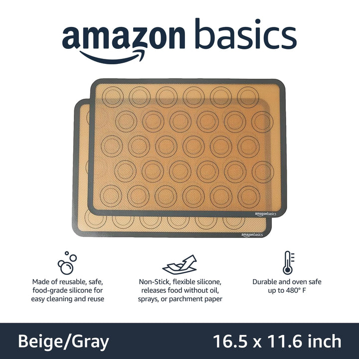 Basics Silicone, Non-Stick, Food Safe Baking Mat, Macaron, Pack of 2, Beige/Gray, Rectangular, 16.5" x 11.6" 2-Pack Macaron Baking Mats