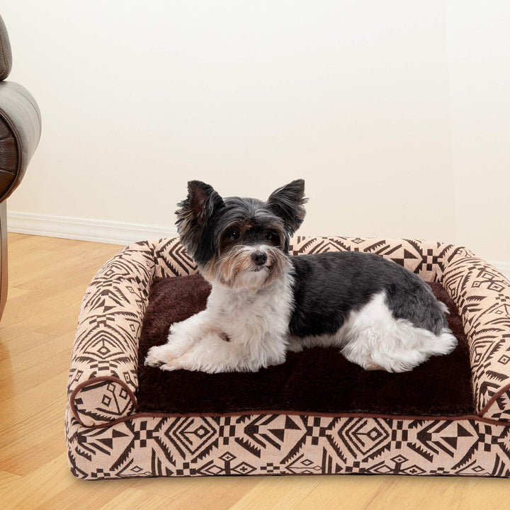 Furhaven Pillow Dog Bed for Small Dogs w/ Removable Bolsters & Washable Cover - Plush & Southwest Kilim Woven Decor Sofa - Desert Brown, Small