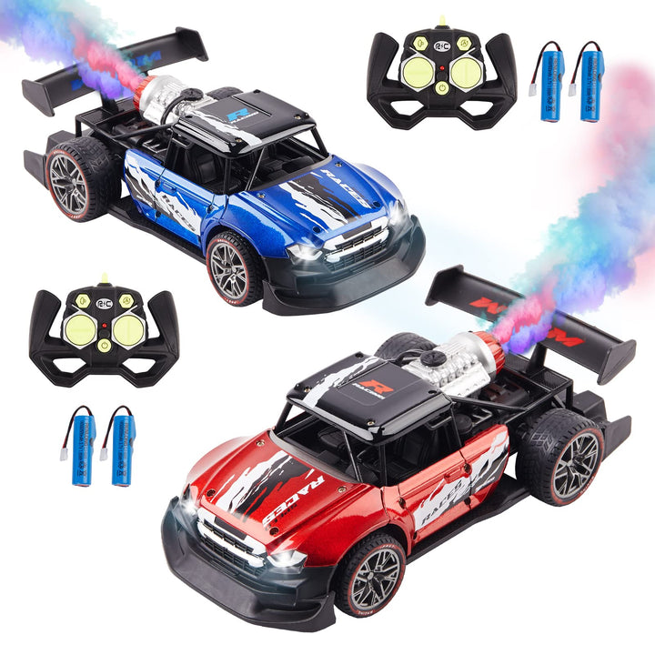 2 Pack Remote Control Drift Car with Spray and Light, Fog Mist Sport Racing Cars, 2.4GHZ 4WD High Speed Off Road Truck, Toy Vehicle for Adults Kids Boys Girls, Blue and Red