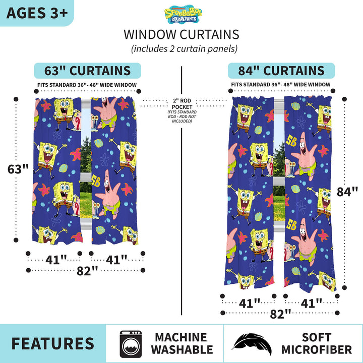 Franco Kids Room Window Curtains Drapes Set, 82 in x 63 in, Spongebob Squarepants