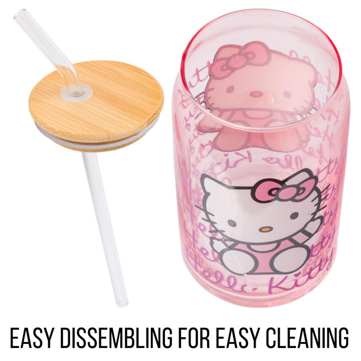 Silver Buffalo Sanrio Hello Kitty Glass Tumbler with Bamboo Lid and Glass Straw, 16 Ounces Multicolor