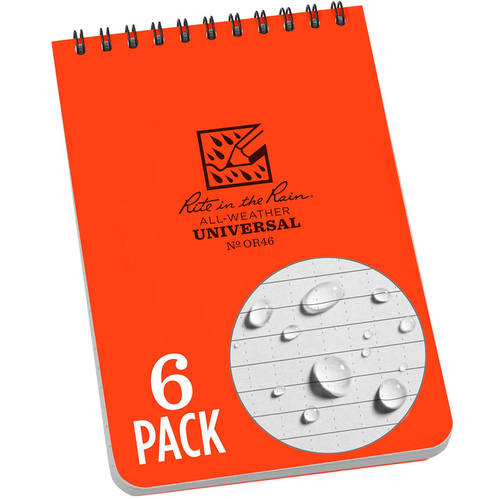 Rite in the Rain Weatherproof Top Spiral Notebook, 4" x 6", Orange Cover, Universal Pattern, 6 Pack (No. OR46L6)