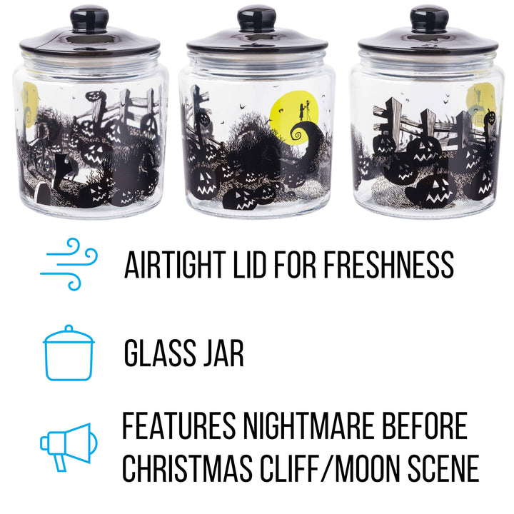 Silver Buffalo Disney Tim Burton Nightmare Before Christmas Moon Hill Graveyard Scene Jack Skellington and Sally Glass Cookie Snack Candy Jar with Lid (Small) Nightmare Before Christmas (Glass)