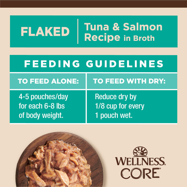 Wellness CORE Tiny Tasters Wet Cat Food, Complete & Balanced Natural Pet Food, Made with Real Meat, 1.75-Ounce Pouch, 12 Pack (Adult Cat, Flaked Tuna & Salmon in Gravy) Adult Cat 1.75 Ounce (Pack of 12)