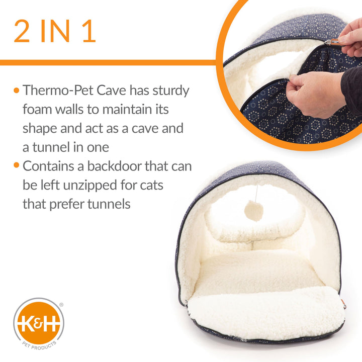 K&H Pet Products Thermo-Pet Cave Heated Cat Bed - Navy/Geo Flower 17 X 15 X 13 Inches