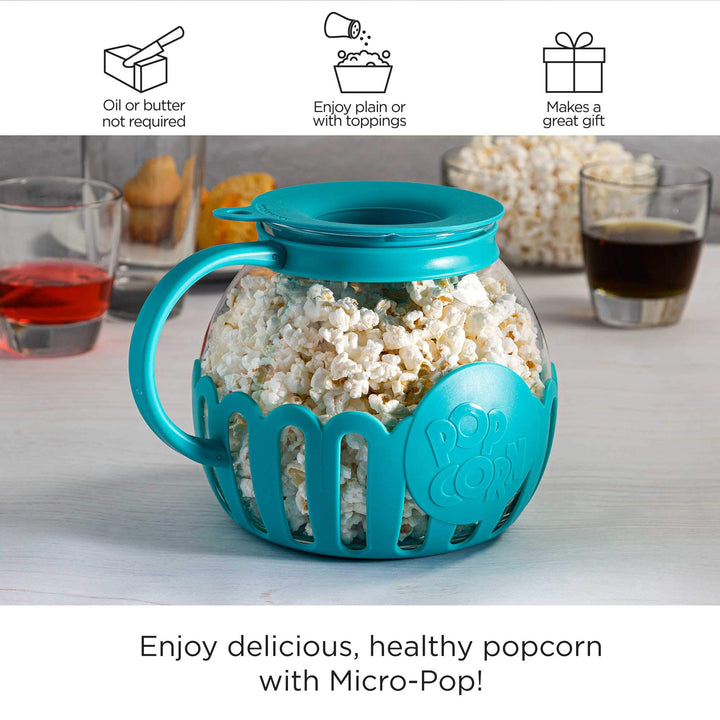 Ecolution Patented Micro-Pop Microwave Popcorn Popper with Temperature Safe Glass, 3-in-1 Lid Measures Kernels and Melts Butter, Made Without BPA, Dishwasher Safe, 3-Quart, Teal 3-Quart Family Size