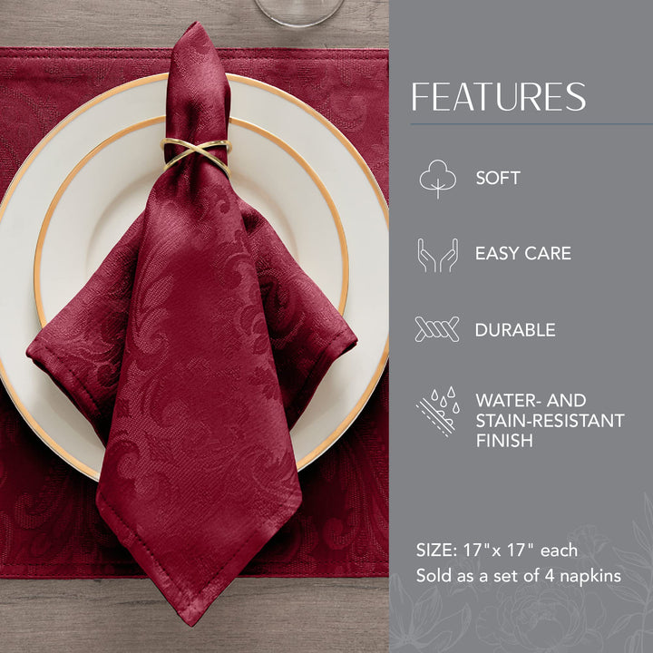 Elrene Home Fashions Caiden Elegance Damask Fabric Napkins (Set of 4), 17" x 17", Cranberry 4 Count Napkins (Set of 4) 17" x 17"