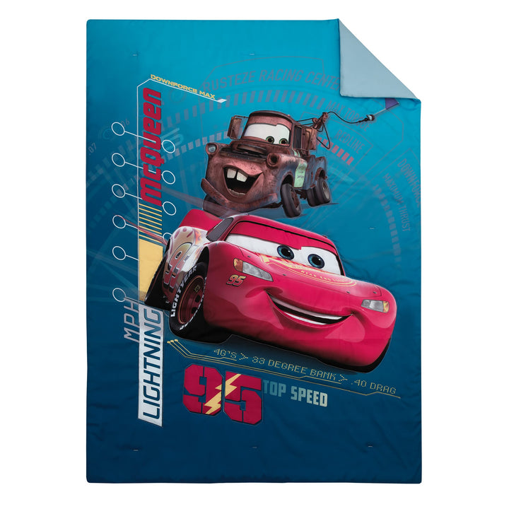 Disney Cars Piston Cup Circuit Blue, Red, and Yellow, Lightning McQueen and Mater 4 Piece Toddler Bed Set - Comforter, Fitted Bottom Sheet, Flat Top Sheet, and Reversible Pillowcase Disney Cars Piston Cup