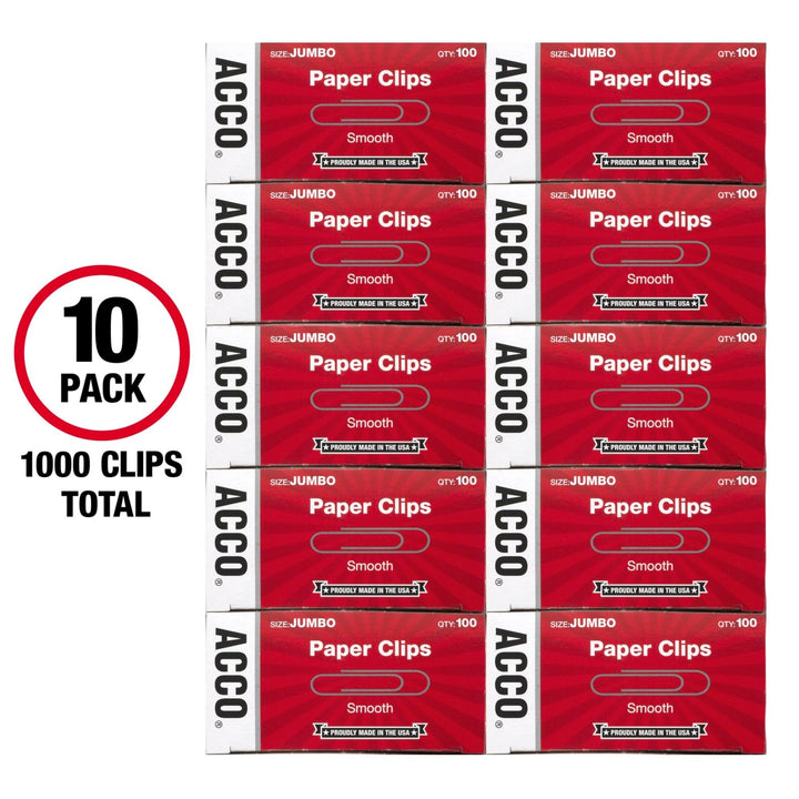 ACCO Paper Clips, Jumbo, Smooth, 100 Clips/Box, 1 Box (72580) 10 Count (Pack of 1)