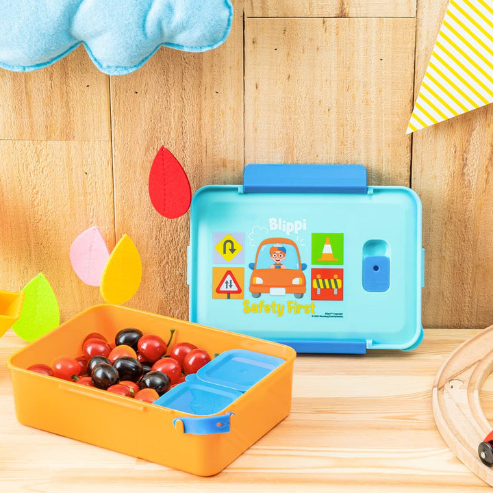 Zak Designs Blippi Reusable Plastic Bento Box with Leak-Proof Seal, Carrying Handle, Microwave Steam Vent, and Individual Containers for Kids' Packed Lunch (3-Piece Set)