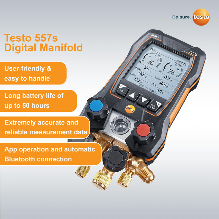 testo 557s AC Manifold Gauge Set – AC Recharge Kit with 2x testo 115i Pipe Clamp Thermometer, 1x testo 552i Micron Gauge, and 4x Hoses – AC Gauge Set with Bluetooth Vacuum Kit with 4 Hoses