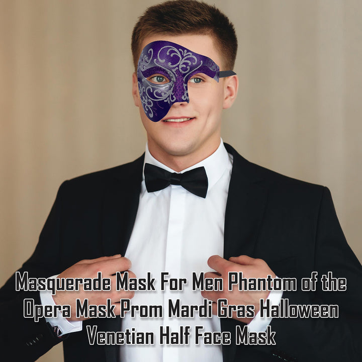 Masquerade Mask For Men Phantom Of The Opera Mask Prom Mardi Gras Haloween Venetian Half Face Mask Purple-silver One Size