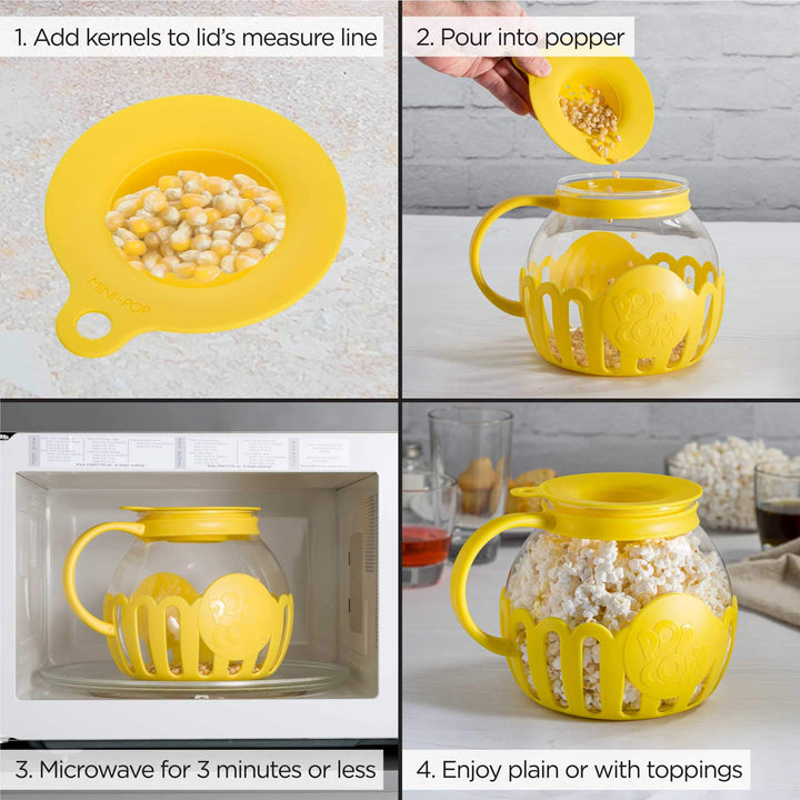 Ecolution Patented Micro-Pop Microwave Popcorn Popper with Temperature Safe Glass, 3-in-1 Lid Measures Kernels and Melts Butter, Made Without BPA, Dishwasher Safe, 3-Quart, Yellow 3-Quart Family Size