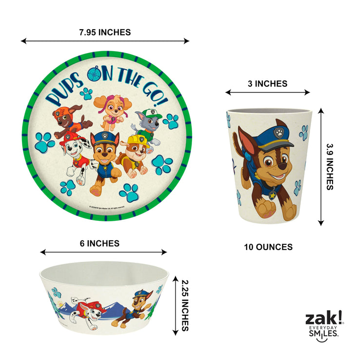 Zak Designs PAW Patrol Kids Dinnerware Set 3 Pieces, Durable and Sustainable Melamine Bamboo Plate, Bowl, and Tumbler are Perfect For Dinner Time With Family (Chase, Marshall, Skye & Friends) 8" Plate, 6" Bowl, 10oz Tumbler