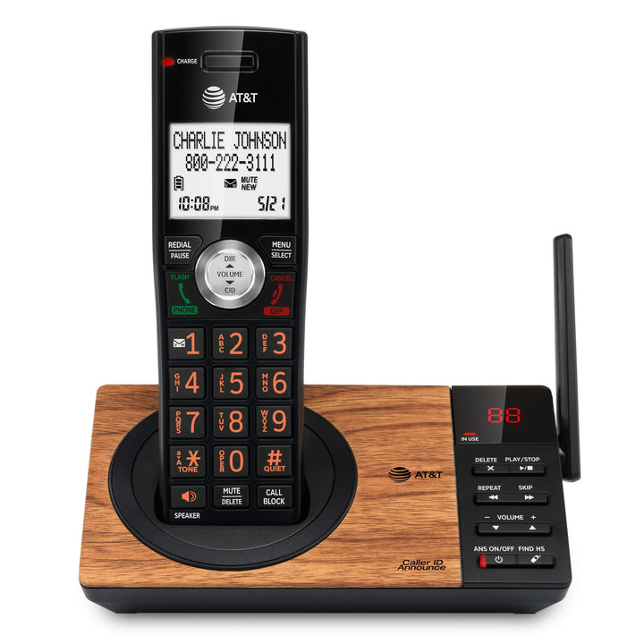 AT&T CL82167 Cordless Phone with Answering Machine, Call Blocking, Caller ID Announcer, Intercom and Long Range, Black & Wood Grain Finish Black/Wood Grain Finish 1 Handset