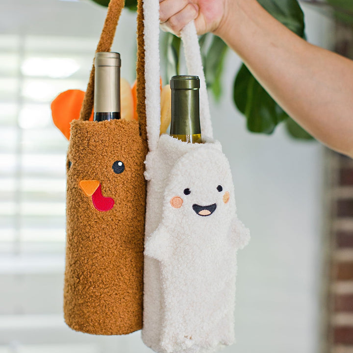 Pearhead Sherpa Wine Bottle Gift Bag, Ghost Wine Bottle Bag, Halloween Party Ideas, Reusable Wine Bags for Travel, Wine Protector Sleeve Case, Funny Fall Housewarming Ideas Ghost Sherpa Wine Bag