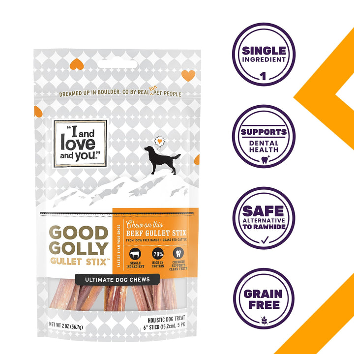 "I and love and you" Good Golly Beef Gullet Sticks - Grain Free Dog Chews, 100% Beef Gullet, 48 Pack of 6-Inch Sticks 48 Count (Pack of 1)